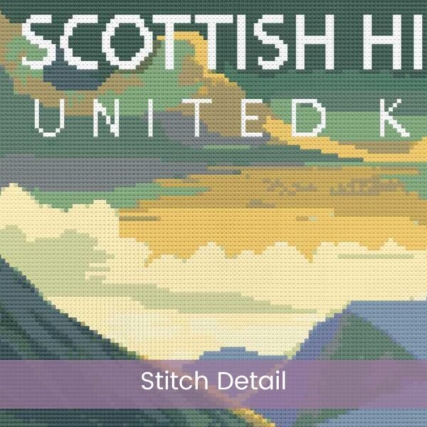 Scottish Highlands Cross Stitch Pattern | Retro Travel Poster Style Gift | Full Coverage PDF | United Kingdom Landscape Embroidery Design