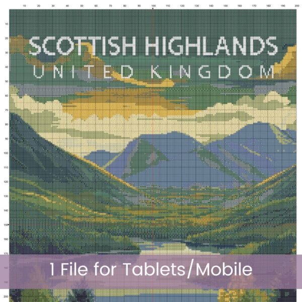 Scottish Highlands Cross Stitch Pattern | Retro Travel Poster Style Gift | Full Coverage PDF | United Kingdom Landscape Embroidery Design