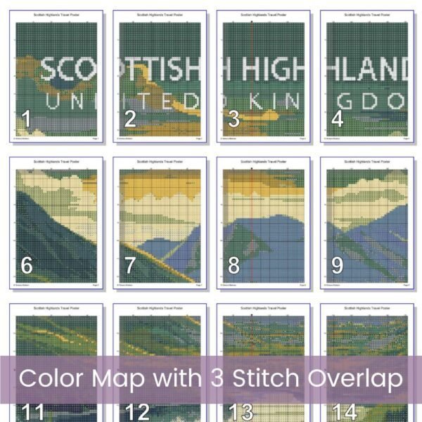 Scottish Highlands Cross Stitch Pattern | Retro Travel Poster Style Gift | Full Coverage PDF | United Kingdom Landscape Embroidery Design