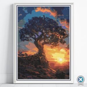 Tenacity Sunrise Cross Stitch Pattern | Full Coverage PDF | Lone Tree on Cliff with Roots | Sunrise Landscape Embroidery Design