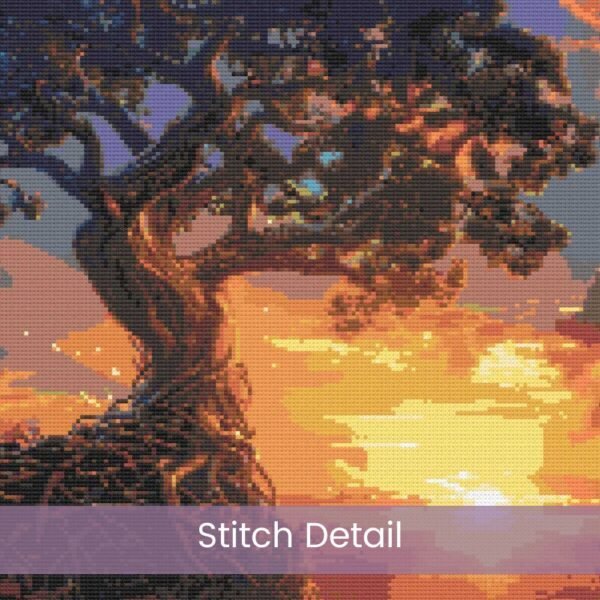 Tenacity Sunrise Cross Stitch Pattern | Full Coverage PDF | Lone Tree on Cliff with Roots | Sunrise Landscape Embroidery Design