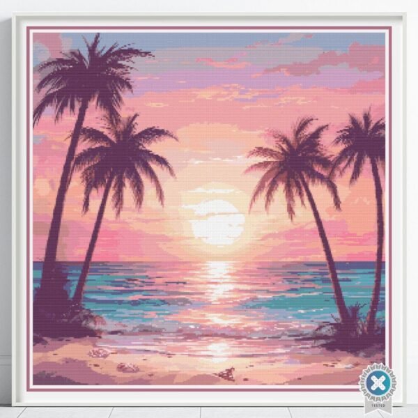 Tropical Beach Sunset Cross Stitch Pattern, Coastal Decor Pattern, Ocean Pattern, Full Coverage, Seascape Embroidery, Tranquil Beach Lover