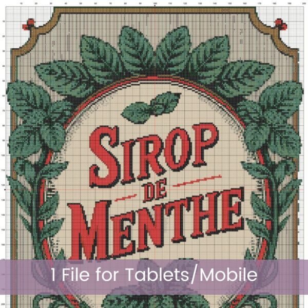 Vintage "Sirop de Menthe" Cross Stitch Pattern, Full Coverage French Mint Syrup Label PDF, Retro Kitchen Art Decor, Vintage Kitchen Label