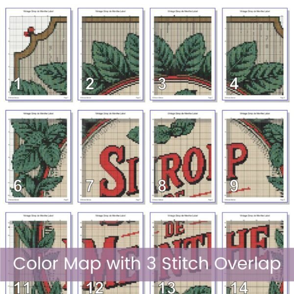 Vintage "Sirop de Menthe" Cross Stitch Pattern, Full Coverage French Mint Syrup Label PDF, Retro Kitchen Art Decor, Vintage Kitchen Label