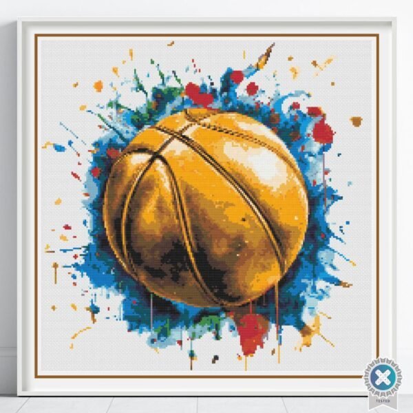 Basketball Cross Stitch Pattern | Sports Wall Art with Paint Splatter | Partial Coverage PDF | Modern Athletic Embroidery