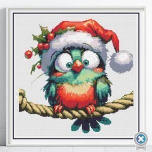 Cute Christmas Bird Cross Stitch Pattern | Cartoon Bird with Santa Hat & Holly | Partial Coverage Holiday PDF