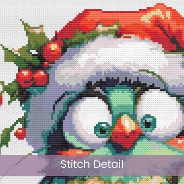 Cute Christmas Bird Cross Stitch Pattern | Cartoon Bird with Santa Hat & Holly | Partial Coverage Holiday PDF