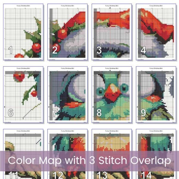Cute Christmas Bird Cross Stitch Pattern | Cartoon Bird with Santa Hat & Holly | Partial Coverage Holiday PDF