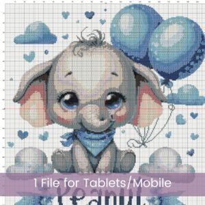 Little Peanut Elephant Cross Stitch Pattern | Blue Baby Shower Nursery Decor | Partial Coverage PDF | Digital Download