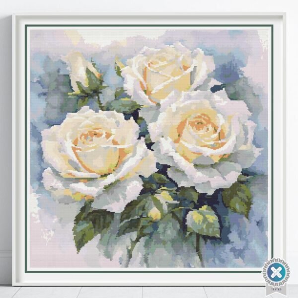 White Roses Cross Stitch Pattern, White Full Coverage Watercolor Floral Garden Decor Embroidery Botanical Flower Stitch Art, Wedding Gift