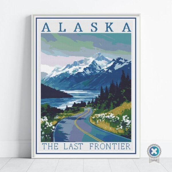 Alaska Retro Travel Poster Cross Stitch Pattern | “The Last Frontier” | Full Coverage PDF