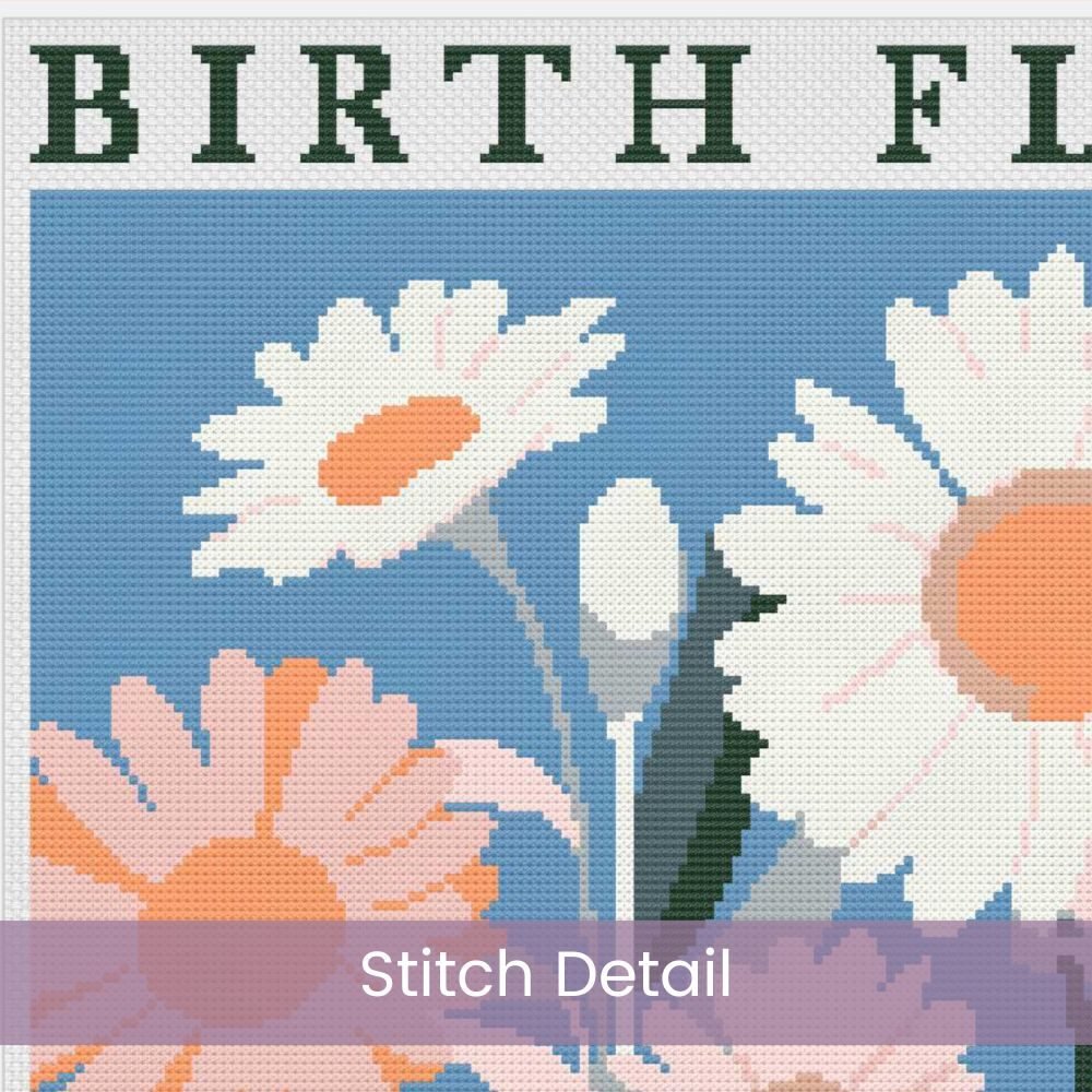 April Birth Month Flower Counted Cross Stitch PDF Pattern, Daisies Cross Stitch Pattern, Instant Download, Modern Floral Cross Stitch