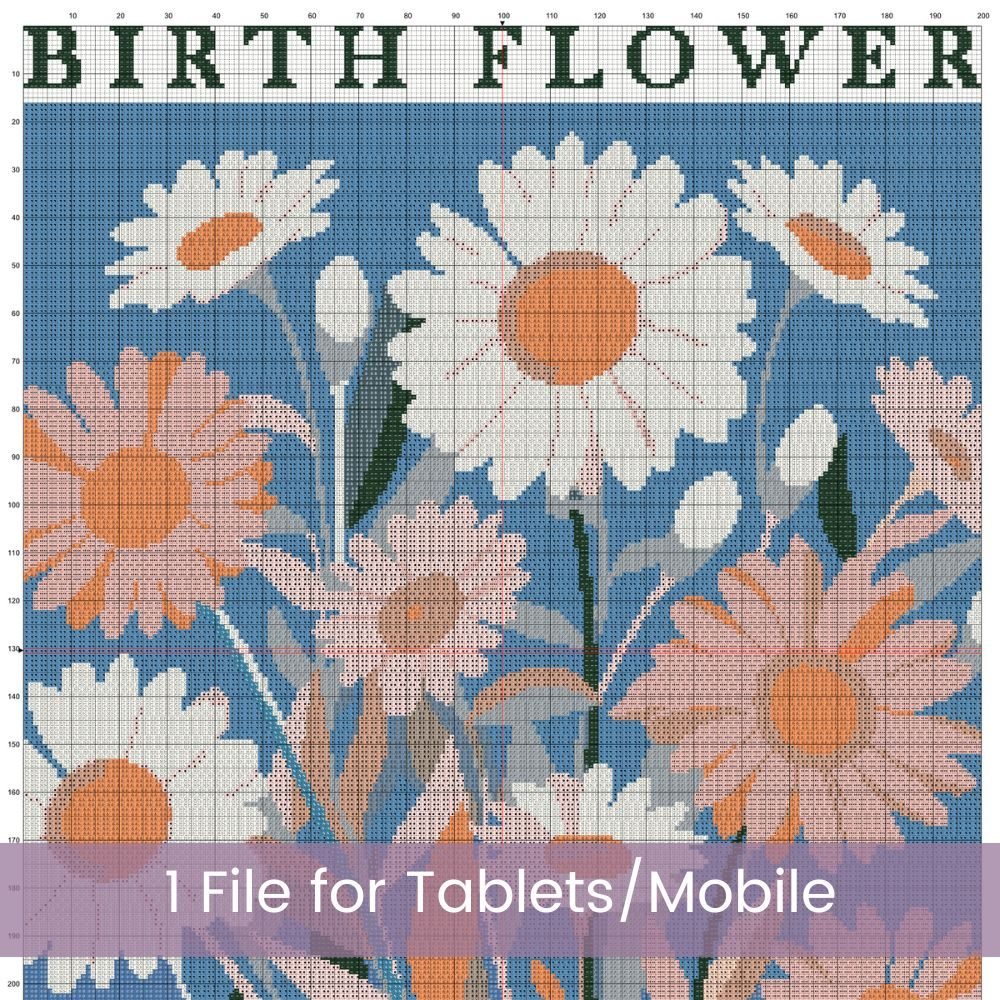 April Birth Month Flower Counted Cross Stitch PDF Pattern, Daisies Cross Stitch Pattern, Instant Download, Modern Floral Cross Stitch