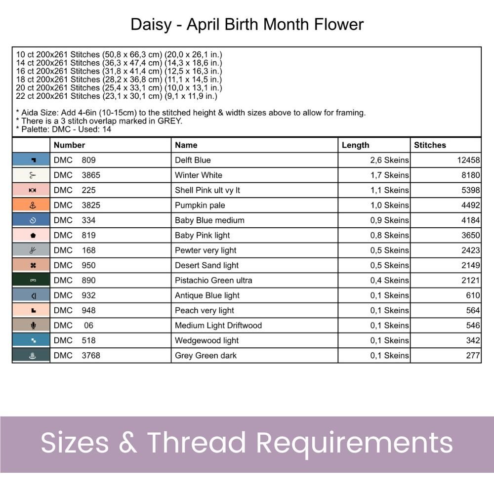 April Birth Month Flower Counted Cross Stitch PDF Pattern, Daisies Cross Stitch Pattern, Instant Download, Modern Floral Cross Stitch
