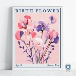 April Birth Month Flower Counted Cross Stitch PDF Pattern, Sweet Pea Cross Stitch Pattern, Instant Download, Modern Floral Cross Stitch