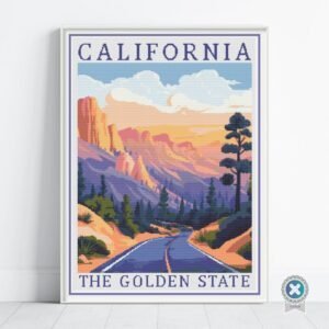 Celebrate the adventure and artistry of the open road with this full coverage cross-stitch pattern inspired by a vintage California travel poster.
