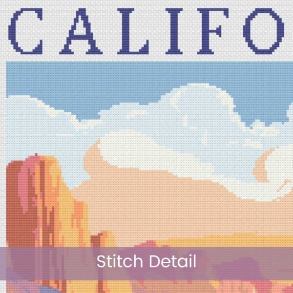 Celebrate the adventure and artistry of the open road with this full coverage cross-stitch pattern inspired by a vintage California travel poster.
