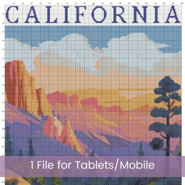 Celebrate the adventure and artistry of the open road with this full coverage cross-stitch pattern inspired by a vintage California travel poster.
