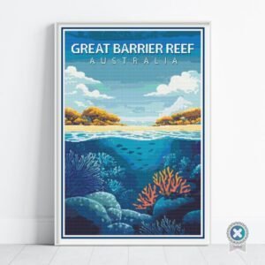 Great Barrier Reef Cross Stitch Pattern | Retro Travel Poster | Full Coverage PDF
