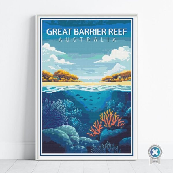 Great Barrier Reef Cross Stitch Pattern | Retro Travel Poster | Full Coverage PDF