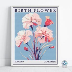 January Birth Flower Carnation Cross Stitch Pattern | Minimalist Boho “Flower Market” Style | Full Coverage PDF