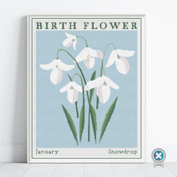 January Birth Flower Snowdrop Cross Stitch Pattern | Minimalist Boho “Flower Market” Style | Full Coverage PDF
