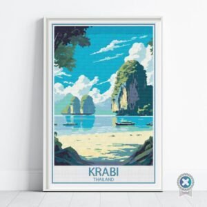 Krabi Thailand Retro Travel Poster Cross Stitch Pattern | Full Coverage PDF Embroidery Design