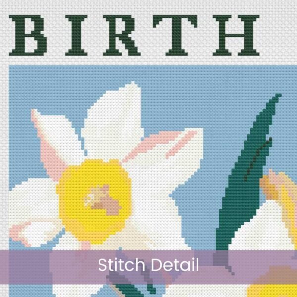 Celebrate March’s birth month flower with this elegant Daffodils Cross Stitch Pattern. Designed in a minimalist boho “Flower Market” style.