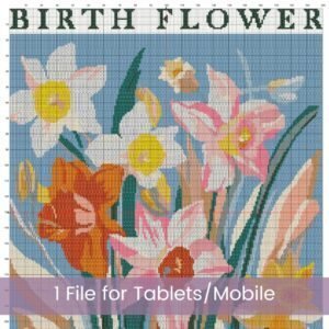 Celebrate March’s birth month flower with this elegant Daffodils Cross Stitch Pattern. Designed in a minimalist boho “Flower Market” style.