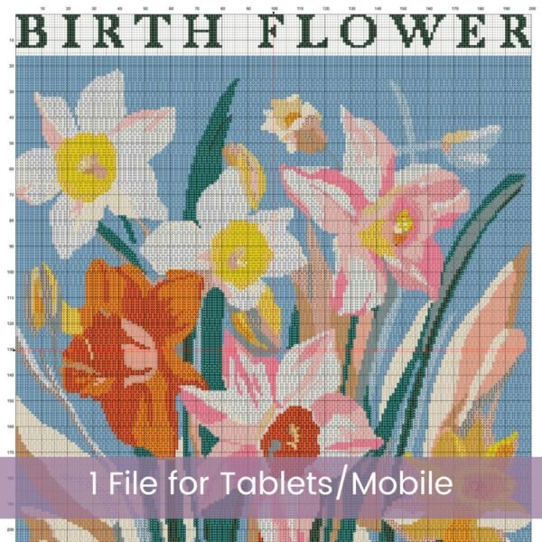 Celebrate March’s birth month flower with this elegant Daffodils Cross Stitch Pattern. Designed in a minimalist boho “Flower Market” style.