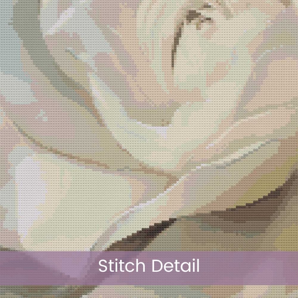 White Rose Cross Stitch Pattern | Oil Painting Style Floral Embroidery | Elegant Full Coverage Design in Ivory & Grey