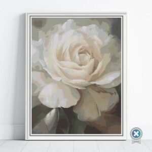 White Rose Cross Stitch Pattern 2 | Oil Painting Style Floral Embroidery | Elegant Full Coverage Design in Ivory & Grey