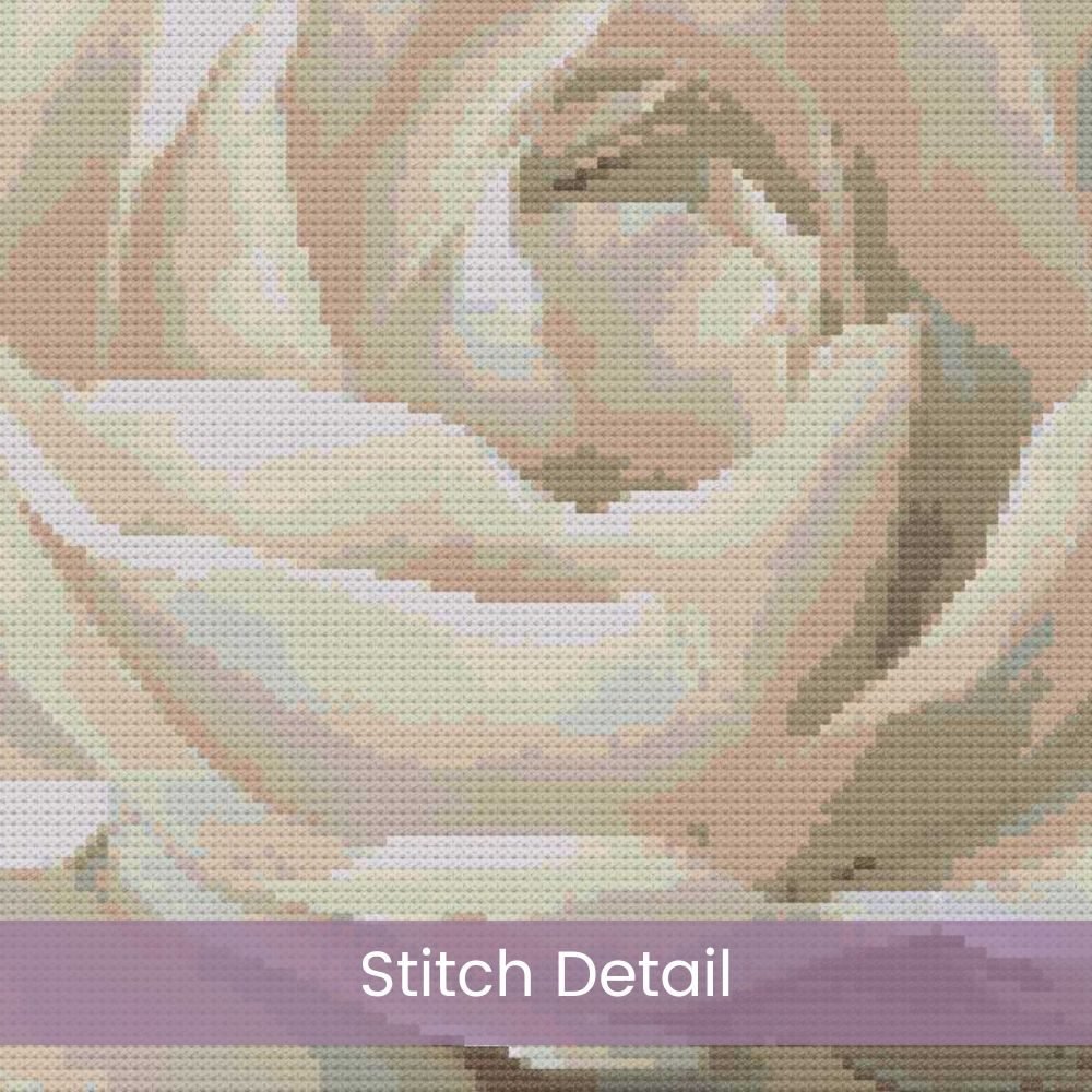White Rose Cross Stitch Pattern 2 | Oil Painting Style Floral Embroidery | Elegant Full Coverage Design in Ivory & Grey