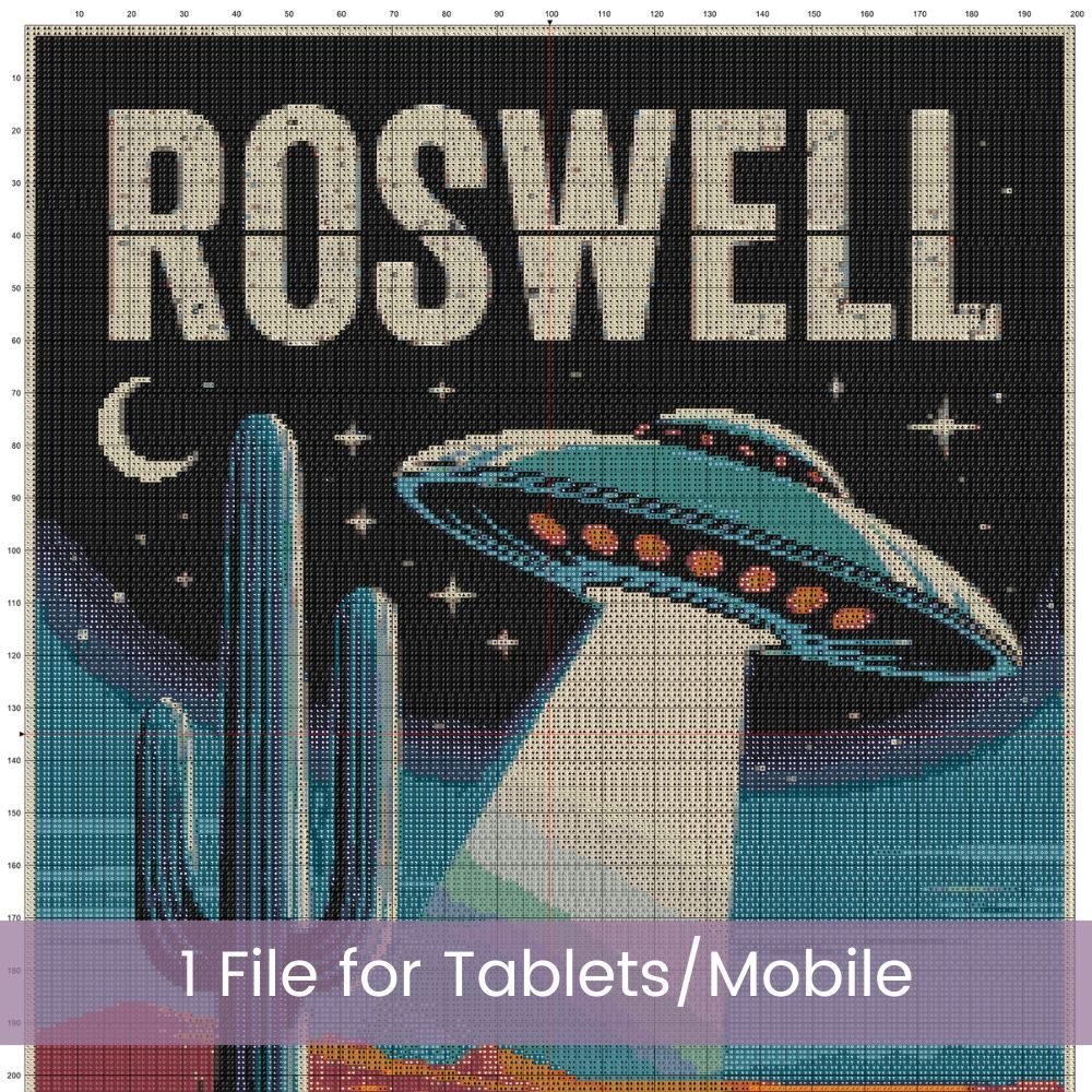 🛸 Celebrate the mystery and magic of the Southwest with this Retro Travel Poster Cross Stitch Pattern Book for Roswell, New Mexico 👽