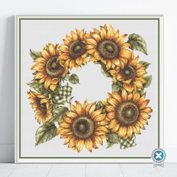 Sunflower Wreath Cross Stitch Pattern | Gingham Ribbon Floral Embroidery | Partial Coverage PDF