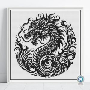 Tribal Dragon Cross Stitch Pattern | Black Silhouette Embroidery | Partial Coverage PDF | Digital Download