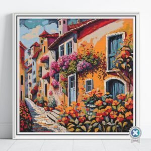 Vibrant Village Street Cross Stitch Pattern | Colorful Floral Village Scene | Full Coverage PDF