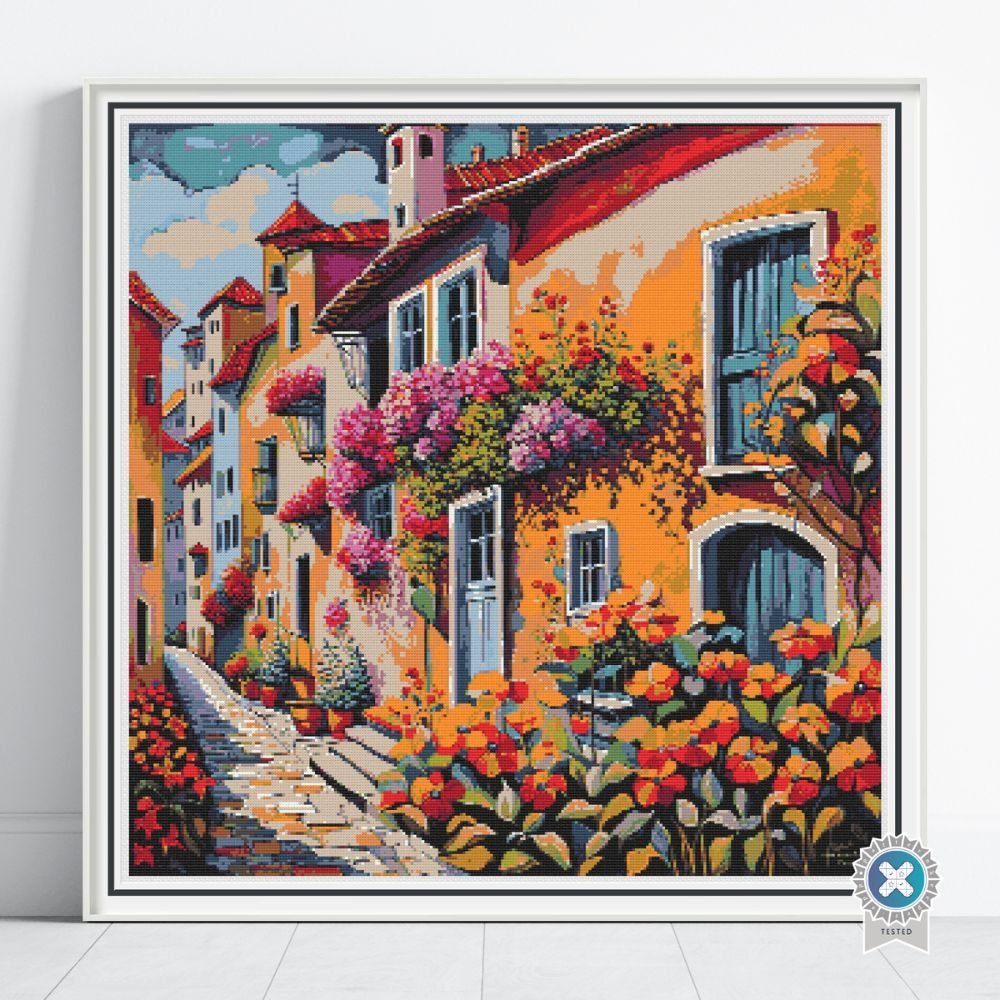 Vibrant Village Street Cross Stitch Pattern | Colorful Floral Village Scene | Full Coverage PDF