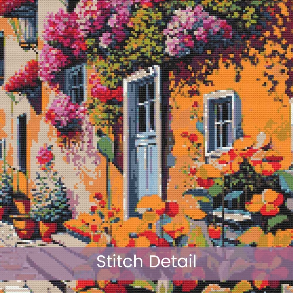 Vibrant Village Street Cross Stitch Pattern | Colorful Floral Village Scene | Full Coverage PDF