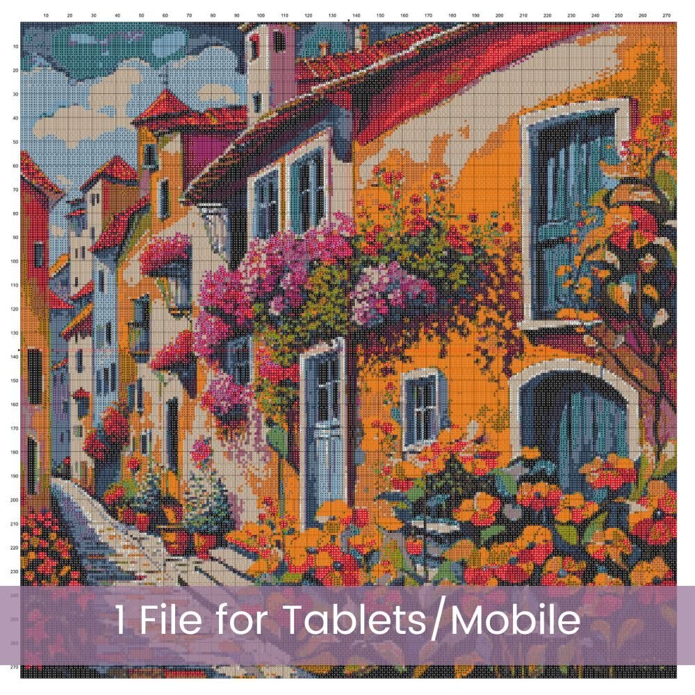 Vibrant Village Street Cross Stitch Pattern | Colorful Floral Village Scene | Full Coverage PDF