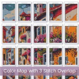 Vibrant Village Street Cross Stitch Pattern | Colorful Floral Village Scene | Full Coverage PDF