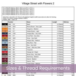 Vibrant Village Street Cross Stitch Pattern | Colorful Floral Village Scene | Full Coverage PDF