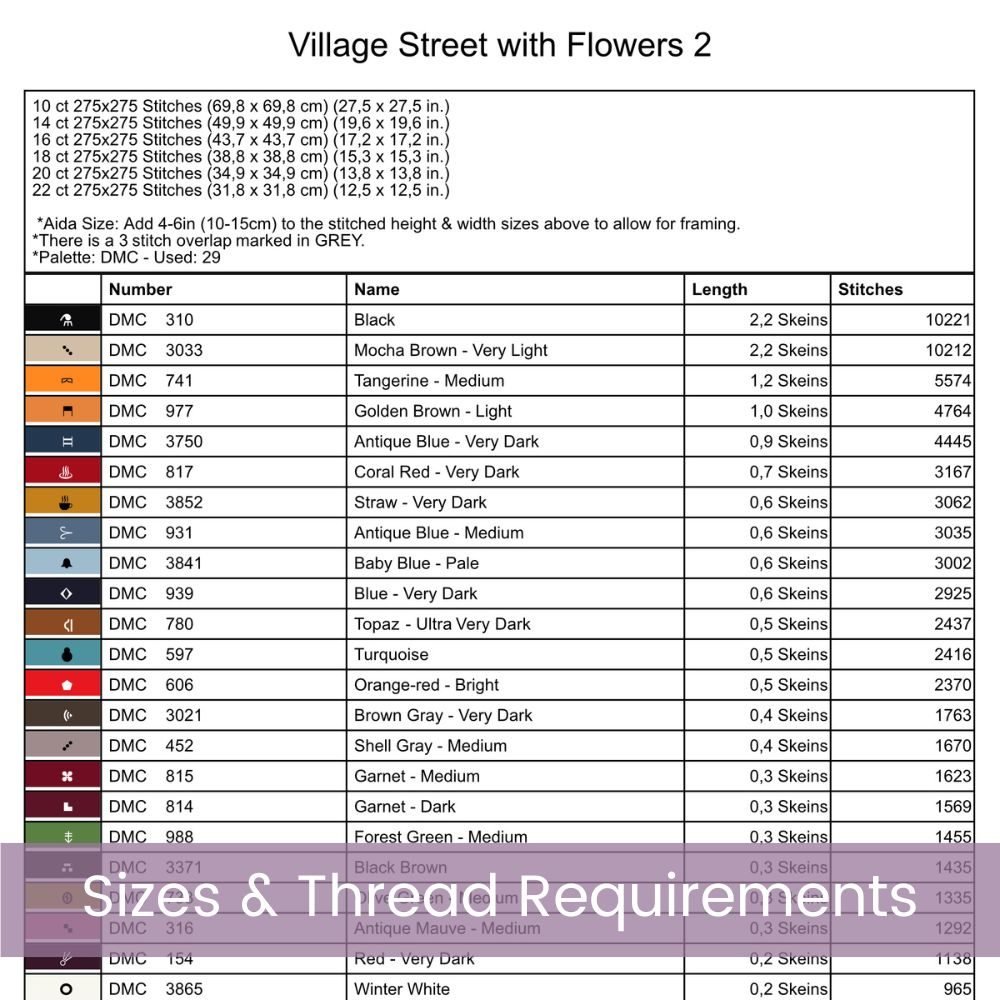 Vibrant Village Street Cross Stitch Pattern | Colorful Floral Village Scene | Full Coverage PDF