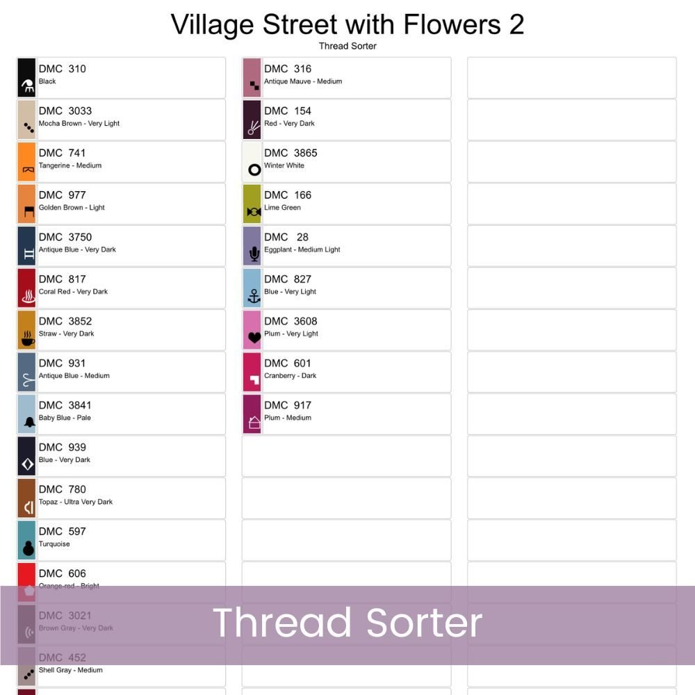 Vibrant Village Street Cross Stitch Pattern | Colorful Floral Village Scene | Full Coverage PDF