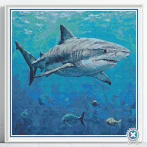 Bull Shark Cross Stitch Pattern, Full Coverage Marine Oil-Painting Style PDF, Multi-Brand Floss Conversions