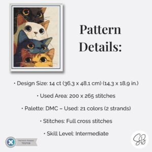 Stacked Cats Cross Stitch Pattern, Feline Embroidery PDF, Modern Art Cat Lover, Floss Conversions