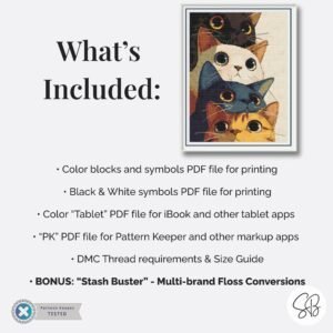 Stacked Cats Cross Stitch Pattern, Feline Embroidery PDF, Modern Art Cat Lover, Floss Conversions