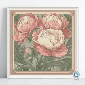 William Morris Pink Peonies Cross Stitch Pattern | Full Coverage Floral Design | Multi-Brand Floss Chart | Large Print PDF