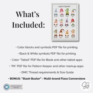 A Year of Gnomes Cross Stitch Pattern, Seasonal Gnome Sampler, Instant PDF Download, Floss Conversions