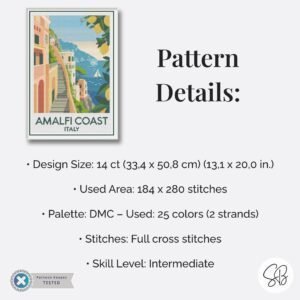 Amalfi Coast Poster Cross Stitch Pattern, Italy Retro Inspired Travel Art, Digital , Floss Conversions